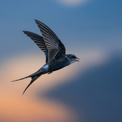 Fototapeta premium Soaring bird in mid flight against gradient sky capturing freedom and movement