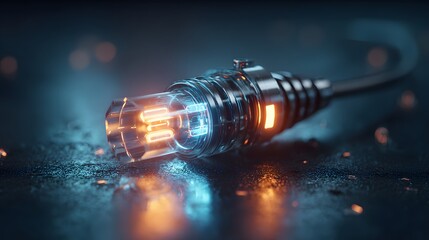 Illuminated fiber optic connector emits brilliant streams of light against a dark, wet surface