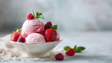 Several scoops of pink frozen dessert garnished with fresh berries and mint leaves rest in an ornate bowl