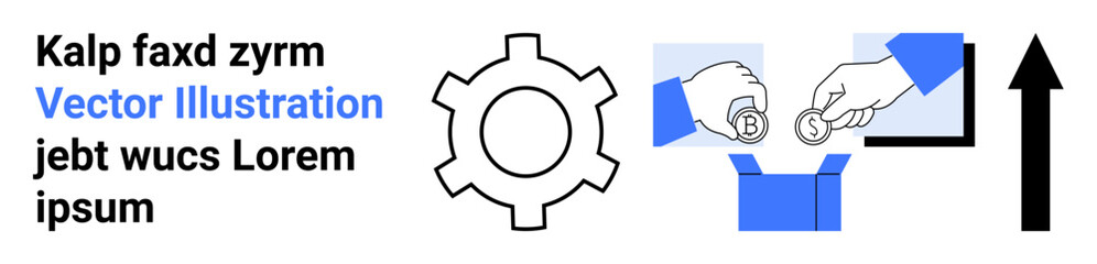 Gear with arrow signifies progress, hands dropping coins highlight contribution or charity, box and screen represent transaction or support. Ideal for business, charity, technology, growth, teamwork