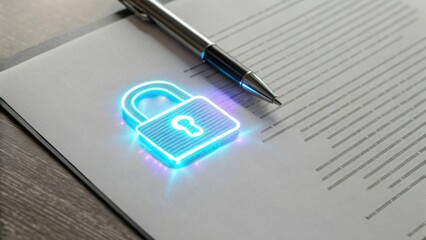 A sleek pen rests next to a glowing digital padlock on a document, symbolizing security and confidentiality in agreements.