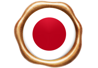 Japan National Flag Emblem in Golden Wax Seal Design Isolated on White Background