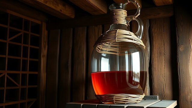 carboy. Large glass carboy with wicker wrapping on a wooden shelf, amber liquid inside in a rustic cellar. bar promotions, beverage menus, designed for food & beverage menus and cafe branding.