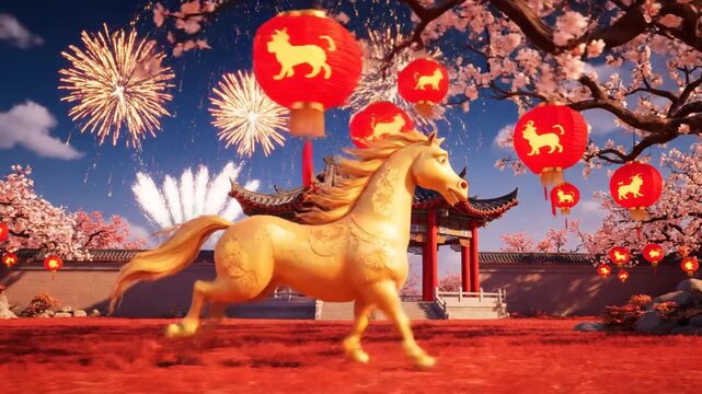 Golden Horse Gallops Under Fireworks and Cherry Blossoms: A Vibrant Chinese New Year Celebration with Traditional Lanterns