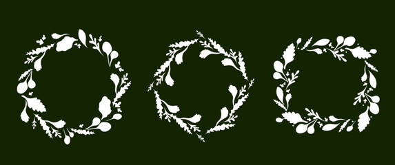 Set of black floral wreath in simple flat style. Elegant botanical circle frame with leaf element. Vector png illustration for wedding invitation, greeting card, banner, poster, border design.