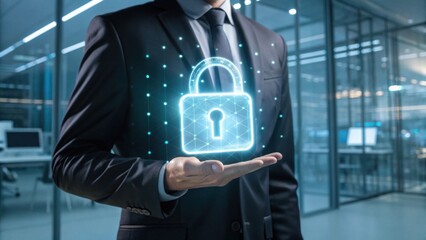A businessman displays a digital padlock hologram, symbolizing security and data protection in a modern office environment.