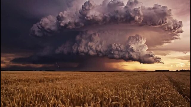 Dramatic Supercell Storm Cloud Over Golden Wheat Field and Plains