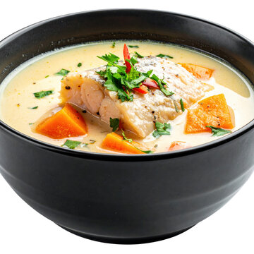 A close-up shot of a hearty peruvian fish chowder chupe de pescado showcasing its rich texture and ingredients isolated on a clean white background