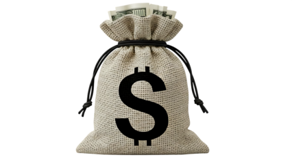 Burlap sack with a large black dollar sign printed on a dark background