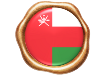 Oman National Flag Emblem in Golden Wax Seal Isolated on White Background