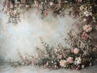 Elegant floral arrangement with roses and delicate blossoms on textured background, creating a romantic and whimsical atmosphere