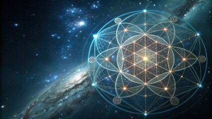 Obraz premium A mesmerizing cosmic scene featuring geometric patterns and a galaxy backdrop, blending science and spirituality through intricate designs.