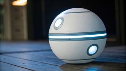 A sleek, futuristic robotic sphere with glowing accents, resting on a wooden surface, suggests advanced technology and design innovation.