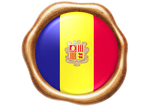 Andorra National Flag Displayed in Golden Wax Seal Style with 3D Effect Isolated on White - Powered by Adobe