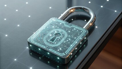 A futuristic digital padlock is placed on a reflective surface, surrounded by glowing nodes, symbolizing cybersecurity and data protection.