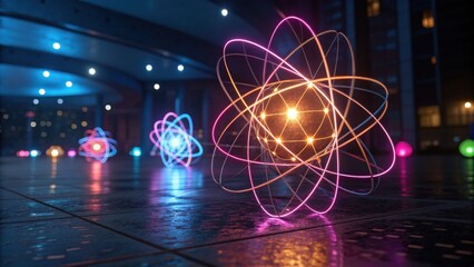 A vibrant display of illuminated atomic models on a reflective surface, creating a futuristic ambiance in a dimly lit environment.