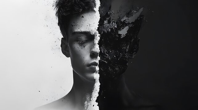 Dual-faced man, crumbling, dark background, studio shot, mental health
