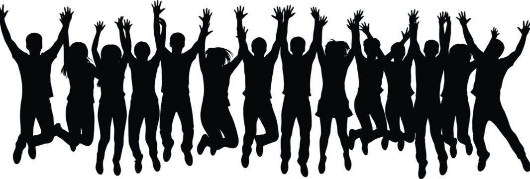 Silhouette of Jubilant Crowd: A unified mass of human silhouettes, arms enthusiastically raised in a collective display of euphoria and celebration