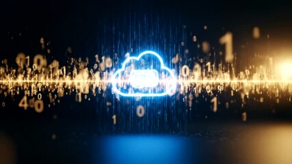Digital cloud icon emitting binary code in a futuristic environment, symbolizing data storage and technology - Powered by Adobe