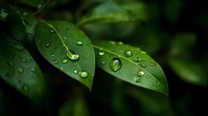 Close up of vibrant green foliage adorned with glistening water droplets after rainfall