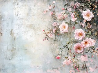 Vintage Floral Wall with Delicate Pink Roses and Textured Background