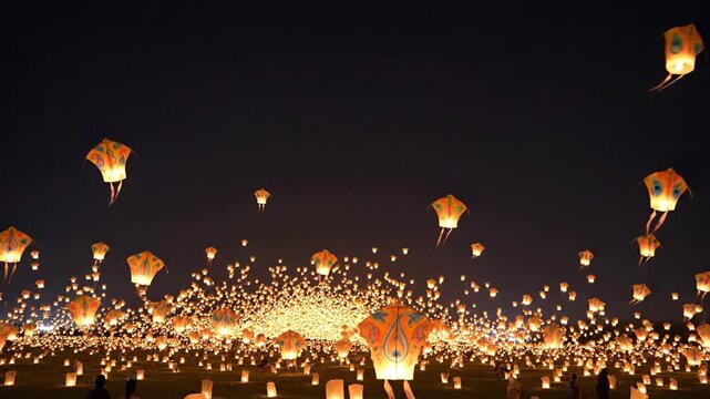 Illuminated Festival Kites Released Into Night Sky