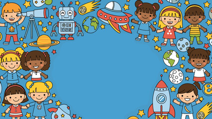 Diverse Children & Space Exploration Frame with Planets, Rockets, and Stars on Blue Background