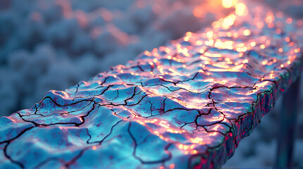 Abstract Cracked Ice Surface Reflecting Warm Sunset Colors in Extreme Macro