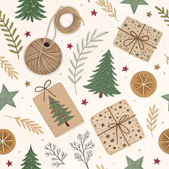 &ldquo;Eco-friendly seamless pattern with kraft-paper ornaments, twine, hand-drawn textures, zero-waste Christmas concept.&rdquo;