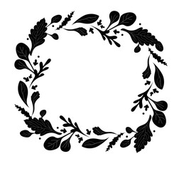 Set of black floral wreath in simple flat style. Elegant botanical circle frame with leaf element. Vector illustration for wedding invitation, greeting card, banner, poster, border design.