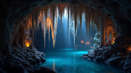 Mysterious Underground Cavern with Turquoise Water and Icicle Formations