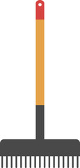 Flat design illustration of a garden rake with a red handle and orange shaft, a versatile tool for yard work and cleaning.