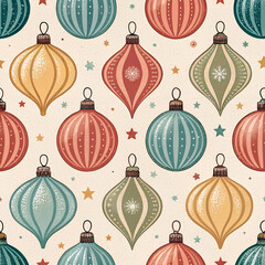 &ldquo;Vintage retro seamless pattern of classic glass baubles, faded colors, film grain effect, nostalgic Christmas mood.&rdquo;