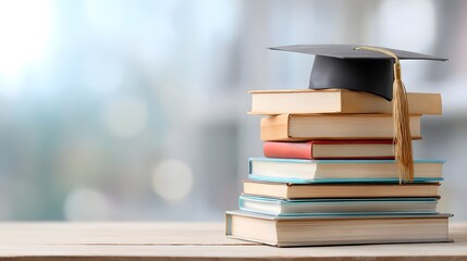 Academic mortarboard rests atop a stack of various colored textbooks indoors
