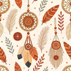 &ldquo;Boho-style seamless pattern with clay and macram&eacute; ornaments, warm earthy colors, tribal motifs, natural textures.&rdquo;