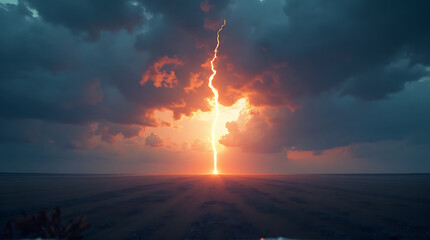 Dramatic Sky Strike Intense Lightning Bolt Crashing Down Over Horizon at Sunset