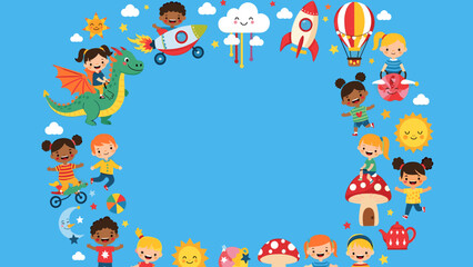 Happy Diverse Kids & Playful Fantasy Elements Border Frame. Childhood Imagination, Fun, & Learning Concept on Blue Background.