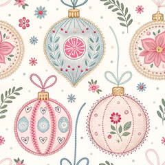 &ldquo;Seamless pattern of embroidered fabric ornaments with lace, beads, and stitched details, cozy cottagecore style.&rdquo;