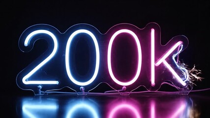 Glowing blue and pink neon sign '200k' with strong reflections against a dark background