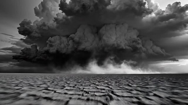 Massive thunderclouds darken over a vast, cracked desert expanse in monochrome, showcasing nature's dramatic power.