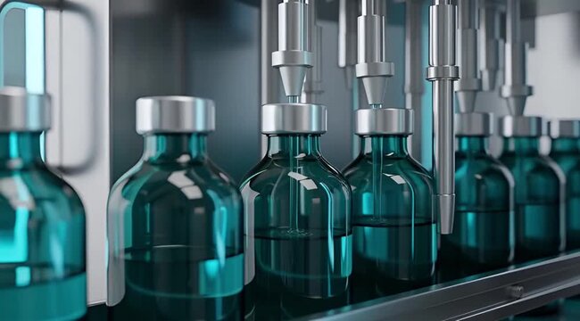 Production Line of Blue Glass Vials: Pharmaceutical Manufacturing Medicine Healthcare