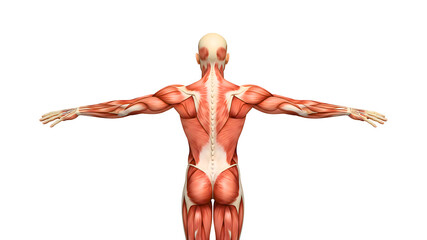 Illustration highlighting the back muscles and spinal structure, useful for medical education, anatomical analysis, and physiology reference.