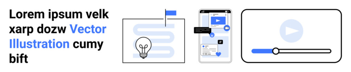 Digital marketing, creativity, user interface, media consumption, online learning, innovation. Light bulb, smartphone with app video player. Digital marketing and creativity concept
