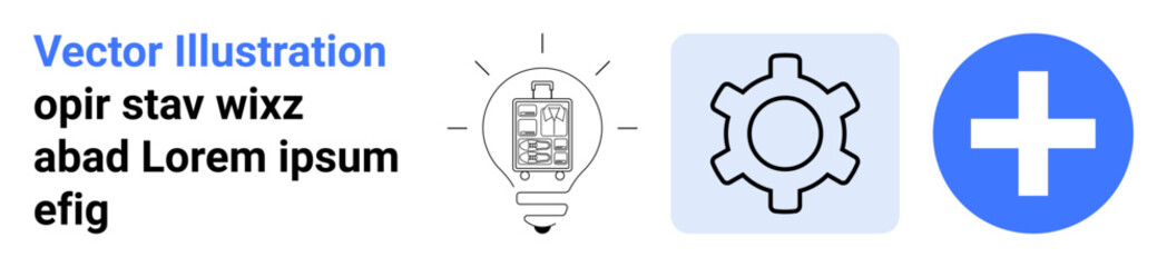 Lightbulb with circuit design, gear icon, and plus sign in blue circle. Ideal for creativity, technology, development, solutions, problem-solving, settings and simple landing page