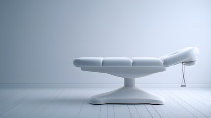 Minimalist white treatment couch resting on pale wooden flooring against a light wall