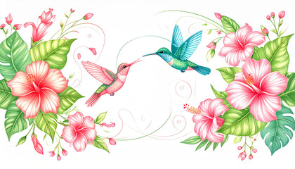 Soft Colored Pencil Tropical Flower & Hummingbird Doodles for Eco Tour Brochure