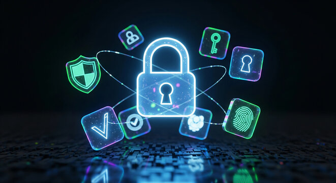 Digital security concept with glowing lock shield and biometric icons on dark background - Powered by Adobe