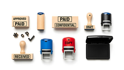 Vector set of black rubber stamps featuring 3d business technology icons like a USB flash drive and digital power button symbol for office computer equipment design