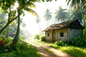Bangladeshi village scene wallpaper .  mud house, wooden door,  surrounded by lush greenery with a  nostalgia felling,