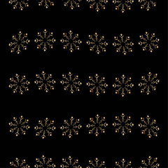 Simple and elegant repeating pattern featuring rows of intricate stylized gold snowflakes on a solid black background Perfect for winter holidays and luxury textile designs Vector